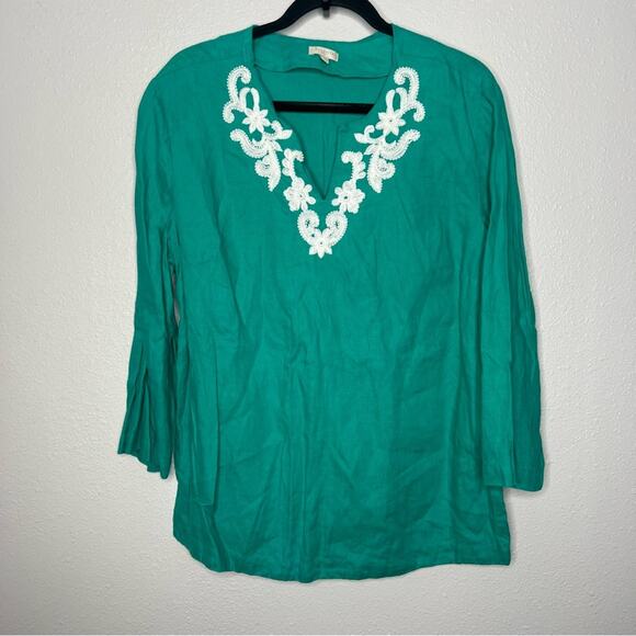 Talbots Teal White V Neck Embroidered Tunic 3/4 Sleeve Blouse Women's size L - Picture 1 of 5